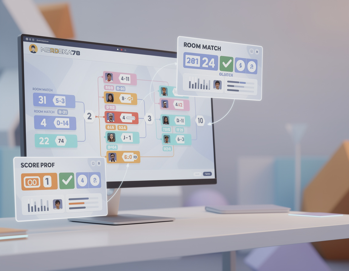 Ilustrasi cara membaca bracket MERDEKA78 dengan bracket, room match, dan bukti skor