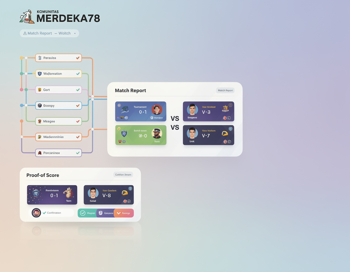 Ilustrasi match report komunitas MERDEKA78 dengan bracket, room match, dan bukti skor